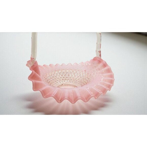 vintage 1950''s Fenton large ruffled cranberry hobnail opalescent basket, 10", E - Picture 5 of 10
